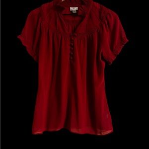 Worthington Sheer Red Short Sleeve Blouse with Button Details